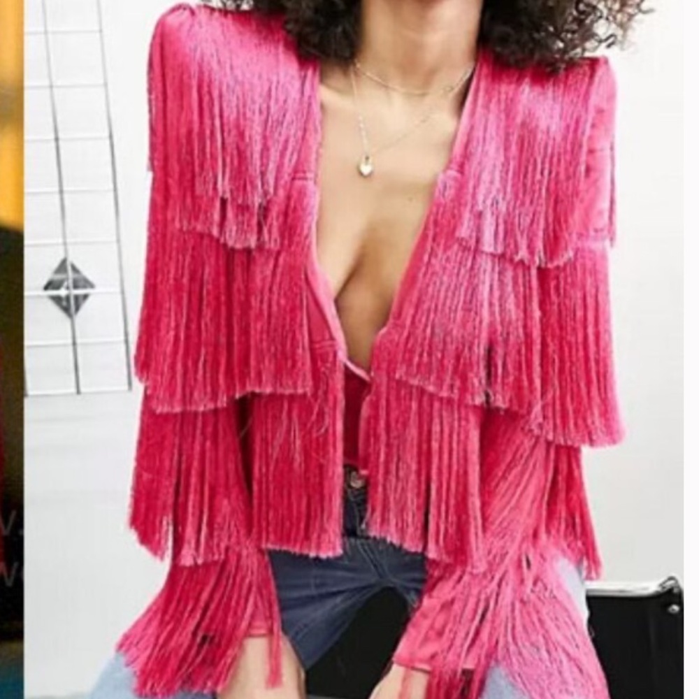 Asos Pink Fringed Women's Blazer NWT Size 6 Shoulder Pad Bachelorette Festival - Picture 2 of 8
